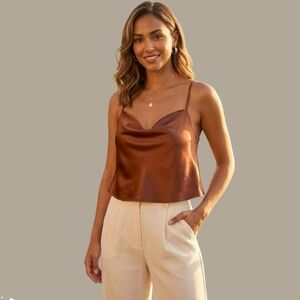 Forever 21 Copper Satin Cowl Neck Cami - Silky Bronze Draped Tank Size S